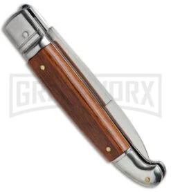 SKM 8" Fancy Lever Lock Wood Automatic Knife - Satin Bayonet -Kershaw Shop SKM 8in LL Stamina Wood Bayo BP 19452 jr side large