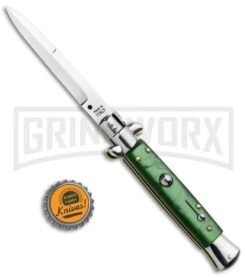 SKM 9" Italian Stiletto Acrylic Green Automatic Knife - Bayonet -Kershaw Shop SKM 9in Stiletto Auto Green Acrylic Satin Bayo BHQ 51256 jr bottlecap large