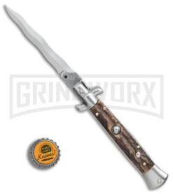 SKM AB 9" Italian Stiletto Stag Automatic Knife - Kris Satin Plain -Kershaw Shop SKM AB 9 itilian stiletto bayonet sim Ivory satin BHQ 74900 er bottlecap large