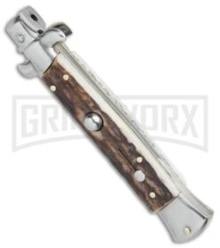 SKM AB 9" Italian Stiletto Stag Automatic Knife - Kris Satin Plain -Kershaw Shop SKM AB 9 itilian stiletto bayonet sim Ivory satin BHQ 74900 er spine large