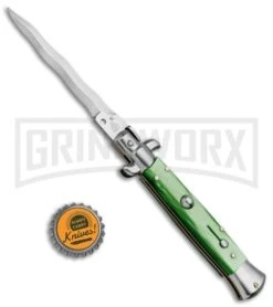 SKM/AB 9" Green Acrylic Automatic Stiletto Knife - Satin Kris -Kershaw Shop SKM AB 9in Italian Stiletto Acrylic Green Kriss BP 6056 jr bottlecap large
