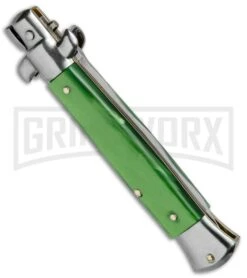 SKM/AB 9" Green Acrylic Automatic Stiletto Knife - Satin Kris -Kershaw Shop SKM AB 9in Italian Stiletto Acrylic Green Kriss BP 6056 jr side large