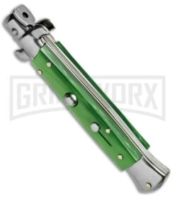 SKM/AB 9" Green Acrylic Automatic Stiletto Knife - Satin Kris -Kershaw Shop SKM AB 9in Italian Stiletto Acrylic Green Kriss BP 6056 jr spine large