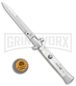 SKM 9" Italian Stiletto White Pearlex Automatic Knife - Satin Bayonet -Kershaw Shop SKM AB 9in Italian Stiletto Auto White Pearlex Satin Bayonet BHQ 51164 er bottlecap large