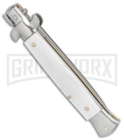 SKM 9" Italian Stiletto White Pearlex Automatic Knife - Satin Bayonet -Kershaw Shop SKM AB 9in Italian Stiletto Auto White Pearlex Satin Bayonet BHQ 51164 er side large