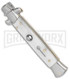 SKM 9" Italian Stiletto White Pearlex Automatic Knife - Satin Bayonet -Kershaw Shop SKM AB 9in Italian Stiletto Auto White Pearlex Satin Bayonet BHQ 51164 er spine large