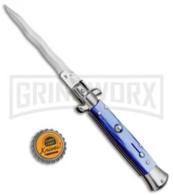 SKM/AB 9" Blue Pearlex Automatic Stiletto Knife - Satin Kris -Kershaw Shop SKM AB 9in Italian Stiletto Pearlex Blue Kriss BP 3317 jr bottlecap large