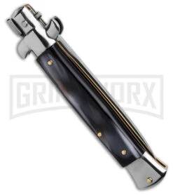 SKM 9" Italian Stiletto Sim Dark Horn Automatic Knife - Polish Flat -Kershaw Shop SKM AB 9in Italian Stiletto Sim Dark Horn AK Satin Flat GX 41478 tdside1 large