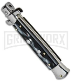 SKM/AB 9" Sim Horn Automatic Stiletto Knife - Satin Kris -Kershaw Shop SKM AB 9in Italian Stiletto Sim Horn Kriss BP 2662 jr spine large