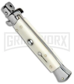 SKM/AB 9" Sim Ivory Automatic Stiletto Knife - Satin Kris -Kershaw Shop SKM AB 9in Italian Stiletto Sim Ivory Kriss BP 6577 jr spine large