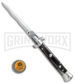 SKM AB 9" Italian Stiletto Black Acrylic Automatic Knife - Kris Satin Plain -Kershaw Shop SKM AB 9in Italian stiletto kriss buffalo horn satin BHQ 74903 er bottlecap large