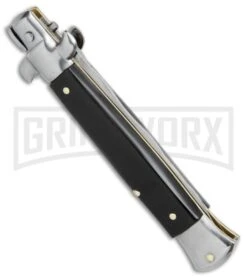 SKM AB 9" Italian Stiletto Black Acrylic Automatic Knife - Kris Satin Plain -Kershaw Shop SKM AB 9in Italian stiletto kriss buffalo horn satin BHQ 74903 er side large