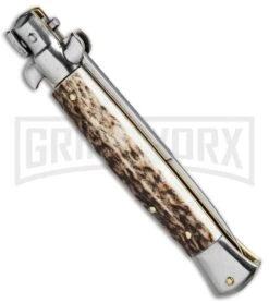 SKM AB 9" Italian Stiletto Stag Automatic Knife - Bayo Satin Plain -Kershaw Shop SKM AB 9in Stag Bayonet BHQ 74901 jr side large