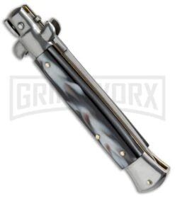 SKM AB 9" Italian Stiletto Sim Dark Horn Automatic Knife - Satin Dagger -Kershaw Shop SKM AB 9in Stiletto Sim Dark Horn Dagger BP 19118 jr side large