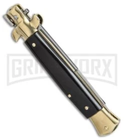 SKM 9" Italian Stiletto Dark Horn Brass Automatic Knife - Bayonet -Kershaw Shop SKM AB 9in dark horn brass bayo BP 0115 er side large