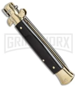 SKM 9" Italian Stiletto Dark Horn Brass Automatic Knife - Flat -Kershaw Shop SKM AB 9in dark horn flat BP 18938 er side large