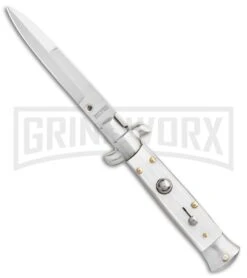 SKM 5.5" Italian Stiletto White Pearlex Automatic Knife - Bayonet