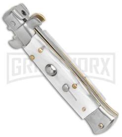 SKM 5.5" Italian Stiletto White Pearlex Automatic Knife - Bayonet -Kershaw Shop SKM AB Italian Stiletto White Pearlex Auto Bayo GX 31315 er spine large