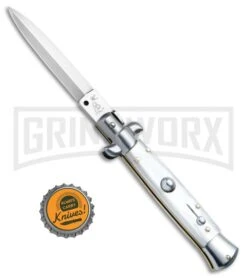 SKM/AB 8" Italian Stiletto Pearlex Automatic Knife - Dagger Satin -Kershaw Shop SKM AB Italian Stiletto White Pearlex Dagger Satin BHQ 51170 jr bottlecap large