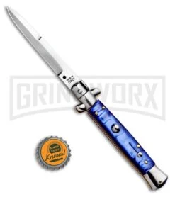 SKM 9" Marble Blue Acrylic Automatic Stiletto Knife - Satin Bayonet -Kershaw Shop SKM Stiletto Automatic Bayonet Knife Blue BHQ 95295 ns bottlecap large