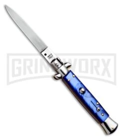 SKM 9" Italian Stiletto Blue Acrylic Automatic Knife - Flat Satin Plain