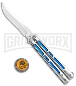 Silver/Blue Inlay Balisong Butterfly Knife - Satin Plain -Kershaw Shop Silver Blue Inlay Balisong Satin GX 37631 jr bottlecap large