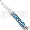 Silver/Blue Inlay Balisong Butterfly Knife - Satin Plain -Kershaw Shop Silver Blue Inlay Balisong Satin GX 37631 jr large