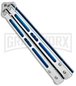 Silver/Blue Inlay Balisong Butterfly Knife - Satin Plain -Kershaw Shop Silver Blue Inlay Balisong Satin GX 37631 jr spine large