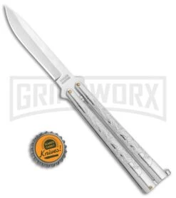 Silver Dragon Balisong Butterfly Knife - Satin Drop Point -Kershaw Shop Silver Dragon Balisong Butterfly Satin DP GX 37356 jr bottlecap large