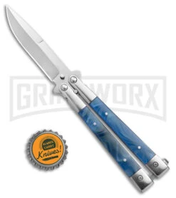 Blue Balisong Bayonet Butterfly Knife - Satin Plain -Kershaw Shop Skipper Blue Swirl Balisong Aluminum Butterfly DP Satin GX 40650 jr bottlecap large