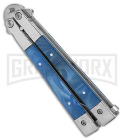 Blue Balisong Bayonet Butterfly Knife - Satin Plain -Kershaw Shop Skipper Blue Swirl Balisong Aluminum Butterfly DP Satin GX 40650 jr side large