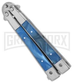 Blue Balisong Bayonet Butterfly Knife - Satin Plain -Kershaw Shop Skipper Blue Swirl Balisong Aluminum Butterfly DP Satin GX 40650 jr spine large