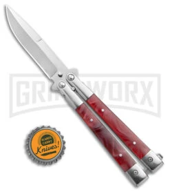 Skipper Red Swirl Balisong Aluminum Butterfly Knife - Drop Point Satin Plain -Kershaw Shop Skipper Red Swirl Balisong Aluminum Butterfly DP Satin BHQ 177243 jr bottlecap large