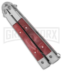 Skipper Red Swirl Balisong Aluminum Butterfly Knife - Drop Point Satin Plain -Kershaw Shop Skipper Red Swirl Balisong Aluminum Butterfly DP Satin BHQ 177243 jr side large
