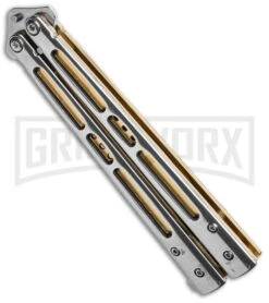 Boss Butterfly Knife Stainless Steel Gold Liners - Gray Plain -Kershaw Shop Stainless Steel With Gold Ilay Balisong Butterfly Knife GX 37609 td side large