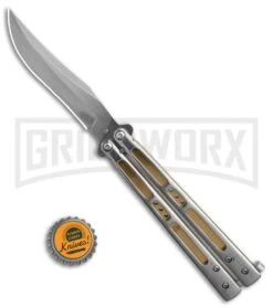 Boss Butterfly Knife Stainless Steel Gold Liners - Gray Plain -Kershaw Shop Stainless Steel With Gold Ilay Balisong Butterfly Knife GX 37609 td size large