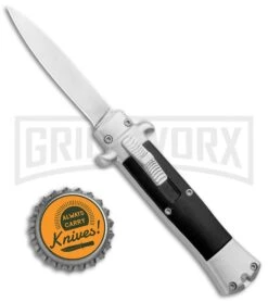 Enzo Stiletto Mini Black W/ Silver Bolsters OTF Automatic Knife - Satin Plain -Kershaw Shop Stiletto Mini Black Silver Bolsters DA OTF Auto Satin GX 37640 jr bottlecap large
