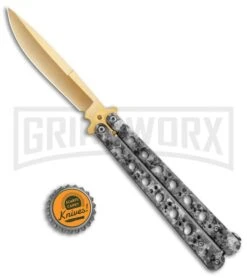 Stone Pattern Balisong Butterfly Knife (4.25" Gold) -Kershaw Shop Stone Pattern Balisong Butterfly Gold GX 37520 jr bottlecap large