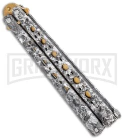 Stone Pattern Balisong Butterfly Knife (4.25" Gold) -Kershaw Shop Stone Pattern Balisong Butterfly Gold GX 37520 jr side large