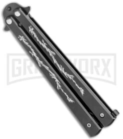Super Knife Black Balisong Butterfly Knife Dragon - Black Serr -Kershaw Shop Super Knife Black Balisong Butterfly Dragon Black Serr GX 36280 jr side large