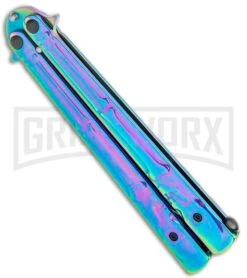 Super Knife Rainbow Balisong Butterfly Knife Skull/Bones - Rainbow Serr -Kershaw Shop Super Knife Rainbow Balisong Butterfly Skull Bones Rainbow Serr GX 36286 jr side large
