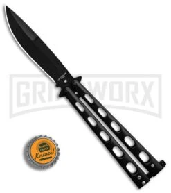 Super Knife Sleek Slinger Black Balisong Butterfly Knife - Black Plain -Kershaw Shop Super Knife Sleek Slinger Black Bali black plain BP 30076 er bottlecap large