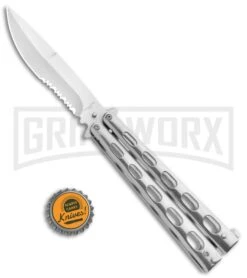 Super Knife Sleek Slinger Silver Balisong Butterfly Knife - Satin Serr -Kershaw Shop Super Knife Sleek Slinger Silver Balisong Butterfly Knife Satin Serr GC16SL SERR GX 33398 jr bottlecap large
