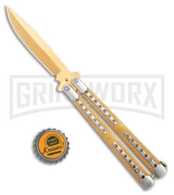 Swift Gold Balisong Titanium Coated Butterfly Knife - Gold -Kershaw Shop Swift Gold Balisong Ti Coated Butterfly Gold GX 39695 jr bottlecap large
