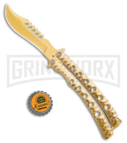 Swift Gold Persian Balisong Coated Butterfly Knife - Gold -Kershaw Shop Swift Gold Persian Balisong Coated Butterfly Gold BHQ 163658 jr bottlecap large