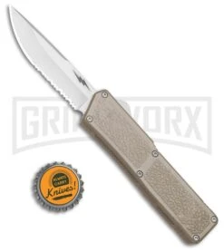 Thunder Tan D/A OTF Automatic Knife - Satin Serrated -Kershaw Shop Thunder Tan DA OTF Auto Satin Serr GX 34404 jr bottlecap large