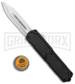 Titan Black D/A OTF Automatic Knife - Carbon Fiber Inlay - Dagger Satin Serr -Kershaw Shop Titan Black DA OTF Auto CF Inlay Dagger Satin Serr GX 37206 jr bottlecap large