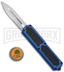 Titan Blue D/A OTF Automatic Knife - Dagger Satin Serrated 4TH18 -Kershaw Shop Titan DA OTF Blue Dagger Satin Serr BP 20263 jr bottlecap large