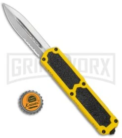 Titan Yellow D/A OTF Automatic Knife - Dagger Satin Serr -Kershaw Shop Titan Yellow DA OTF Dagger Serr BP 20042 jr bottlecap large