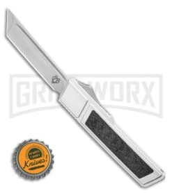 No Limit Knives Vespa Ripper OTF Silver/ CF Inlay Tanto Knife - Satin -Kershaw Shop Vespa Knives Ripper OTF Tanto Silver CF Inlay 3.2 Satin GX 36588 LS Bottlecap large